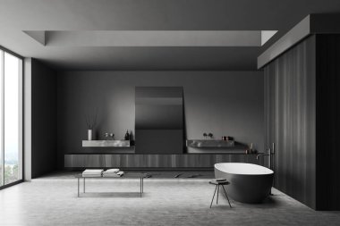 Front view on dark bathroom interior with large mirror, bathtub, two sinks, grey walls, shelf with shampoo and towels, panoramic window, concrete floor. Concept of water treatment. 3d rendering