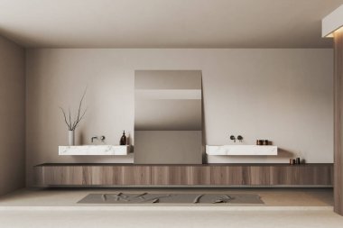 Light bathroom interior with double sink and large mirror, marble deck and wooden dresser with bathing accessories, foot towel on beige concrete floor. 3D rendering