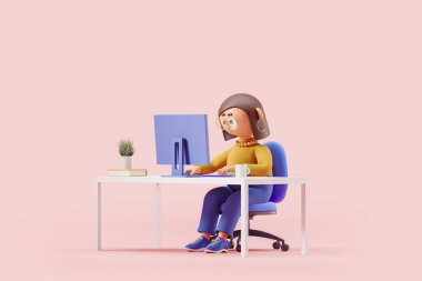 Cartoon woman working in home office with pc computer on desk, side view. Copy space empty pink background. Concept of freelancer. 3D rendering