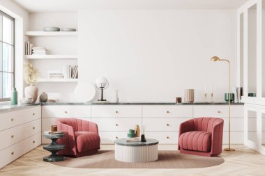 Parlak oturma odasının önü büfeden, raflar kitaplardan, koltuklardan, meşe ağacından ahşap zeminden. Minimalist tasarım kavramı, rahatlama alanı. Buluşma yeri. 3d oluşturma
