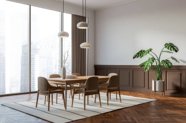 Brown living room interior with wooden dinner table and chairs on carpet, side view. Panoramic window on skyscrapers. Mockup empty wall. 3D rendering