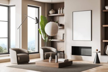 Corner view on bright living room interior with empty white poster, armchais, panoramic window, shelves, wooden hardwood floor. Concept of minimalist design. Place for meeting. Mock up. 3d rendering