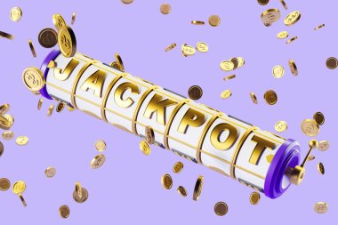 Casino slot machine with golden jackpot sign and falling dollar coins on purple background, side view. Concept of luck and win. 3D rendering