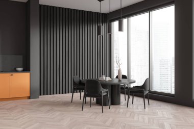 Corner view on dark kitchen room interior with dining table, armchairs, grey wall, oak wooden hardwood floor, panoramic window, cooking inventory. Concept of minimalist design. 3d rendering