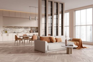 Corner view on bright studio room interior with dining table, cupboard, white wall, oak wooden hardwood floor, coffee table, panoramic window, sofa. Concept of minimalist design. 3d rendering