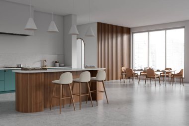 Corner view on bright kitchen room interior with dining table, island, barstools, armchairs, white wall, concrete floor, panoramic window, cooking inventory. Concept of minimalist design. 3d rendering