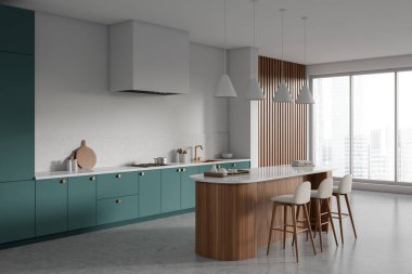 Modern kitchen interior with bar island and stool, side view grey concrete floor. Cooking corner with shelves and panoramic window on city view. 3D rendering