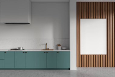 Luxury kitchen interior with cooking zone with sink and shelves, grey concrete floor. Mockup canvas poster on wooden wall. 3D rendering