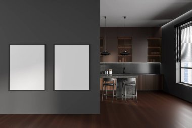 Dark kitchen interior with bar island and stool, hardwood floor. Cooking zone with shelves and panoramic window with jalousie. Mock up canvas posters on partition. 3D rendering