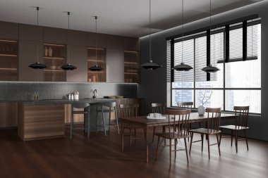 Stylish kitchen interior with bar island and cooking area, side view. Dining wooden table with chairs on hardwood floor. Panoramic window on skyscrapers. 3D rendering