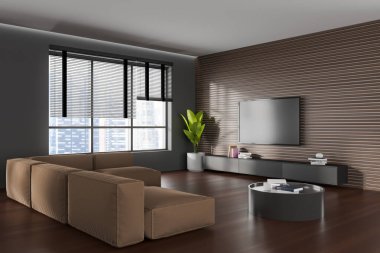 Modern living room interior with sofa and armchair, side view. Sideboard with coffee table, decoration and panoramic window on skyscrapers. 3D rendering
