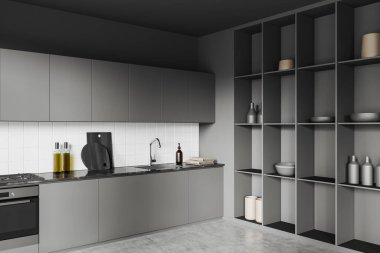 Dark kitchen interior with sink and cabinet, side view shelf with decoration, grey concrete floor. Cooking corner in modern apartment. 3D rendering