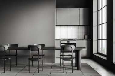 Dark kitchen interior with dinner table and mock up empty partition. Cooking area with shelves on background, grey concrete floor. Panoramic window on countryside. 3D rendering
