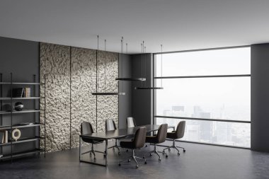 Dark conference interior with table and armchairs, side view grey concrete floor. Minimalist shelf with decoration and panoramic window on skyscrapers. 3D rendering