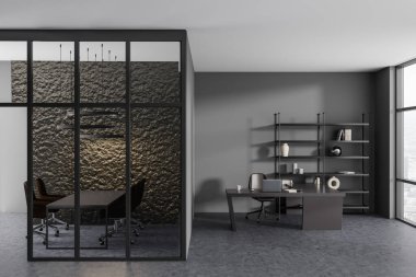 Front view on dark office room interior with conference board, partition, ceo table, large panoramic window, armchairs, grey wall, concrete floor. Concept of minimalist design. 3d rendering