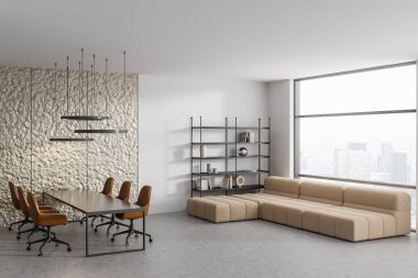 White conference interior with work table and armchairs, side view relax corner with sofa and shelf with decoration. Panoramic window on skyscrapers. 3D rendering