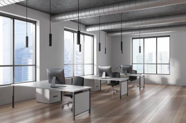 Corner view on bright office room interior with computers, desks, armchairs, panoramic window, oak wooden floor. Concept of company, firm, meeting space. 3d rendering