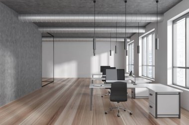 Grey business interior with armchairs and pc computer on desk, hardwood floor. Coworking area with panoramic window on skyscrapers. 3D rendering