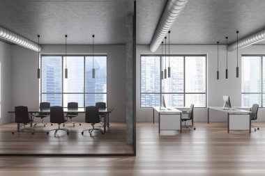 Grey office interior with coworking and conference room behind glass doors, pc computer on desk. Panoramic window on Singapore skyscrapers. 3D rendering