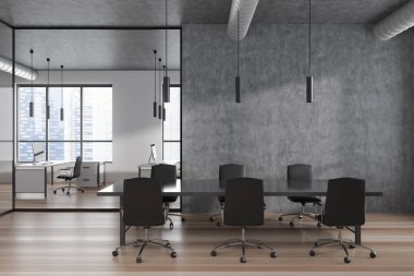 Front view on bright office room interior with conference board, large panoramic window, armchairs, grey wall, wooden floor. Concept of minimalist design. Place for meeting. 3d rendering