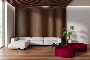 Front view on bright meeting room interior with pouf, sofa, panoramic window, book, wooden and white wall, coffee table, concrete floor. Concept of minimalist design. Place for meeting. 3d rendering