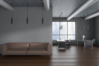 Front view on dark office room interior with computers, sofa, desks, armchairs, panoramic window, oak wooden floor. Concept of company, firm, meeting space. 3d rendering