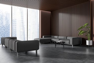 Corner view on dark meeting room interior with two sofa, panoramic window, book, wooden and brown wall, coffee table, concrete floor. Concept of minimalist design. Place for meeting. 3d rendering