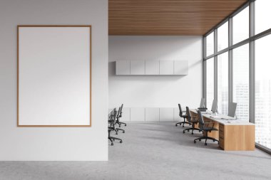 White business interior with pc computer on desk. Workplace with shelves and panoramic window on city view. Mockup canvas poster on partition. 3D rendering