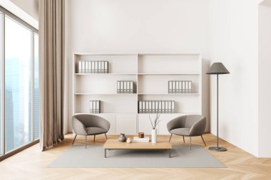 Front view on bright office room interior with panoramic window, armchairs, white wall, shelves with folder, coffee table, hardwood floor. Concept of minimalist design. Place for meeting. 3d rendering