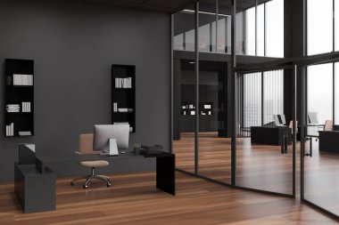 Corner view on dark office room interior with desktop, desk, armchairs, panoramic window, hardwood floor, shelves. Concept of company, firm, director workspace. 3d rendering