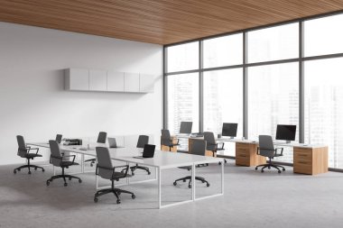 Corner view on bright office room interior with computers, desks, armchairs, panoramic window with skyscraper view, concrete floor. Concept of company, firm, meeting space. 3d rendering
