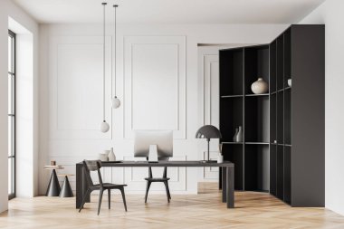 White business interior with pc computer on work desk and chairs, hardwood floor. Minimalist consulting area and shelf with window. 3D rendering
