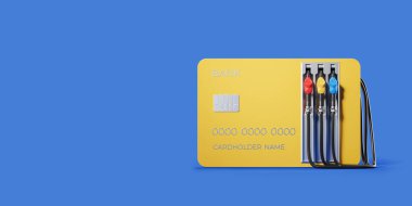 Blue credit card and gas pumps on empty copy space beige background. Concept of fuel and payment. 3D rendering