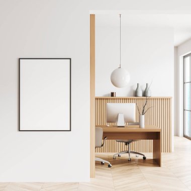 Modern business room interior with pc computer on desk, ceo workplace with decoration and panoramic window on city view. Mockup canvas poster on white partition. 3D rendering