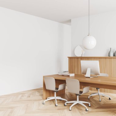 Corner view on bright office room interior with empty white wall, computer, desk, armchairs, oak wooden hardwood floor. Concept of company, firm, meeting space. 3d rendering