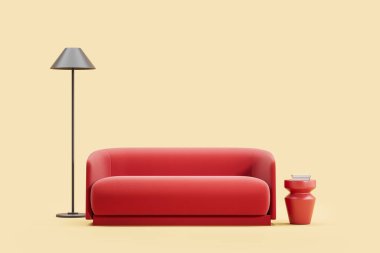 Red couch in abstract relax space with lamp and coffee table with books, copy space empty beige background. Concept of chill and rest. 3D rendering