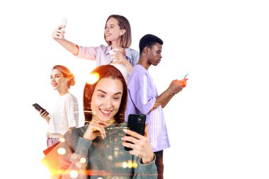 Group of business people work together having online distant conference call via smartphones. City skyscrapers in background. Concept of teamwork, cooperation, partnership