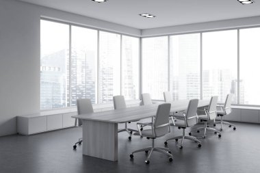 White business interior with armchairs and board on grey concrete floor, side view. Conference corner with sideboard and panoramic window on city view. 3D rendering