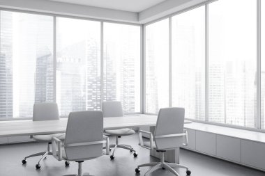 Corner view on bright office room interior with conference board, large panoramic window, armchairs, white wall, concrete floor. Concept of minimalist design. Place for meeting. 3d rendering