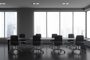 Dark conference interior with armchairs and board on black concrete floor. Meeting area with panoramic window on skyscrapers. 3D rendering