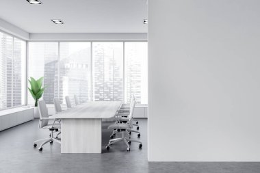 White conference interior with armchairs and wooden board. Meeting area with partition and panoramic window on skyscrapers. Mockup copy space wall. 3D rendering