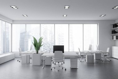 Front view on bright office room interior with computers, desks, armchairs, shelves with folders, panoramic window, concrete floor. Concept of company, firm, meeting space. 3d rendering