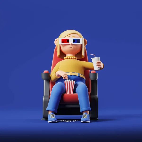 Cartoon woman with pop corn and drink sitting in 3D glasses. Concept of cinema and special effects. 3D rendering