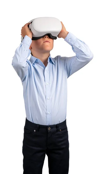 Child Boy Portrait Wearing Glasses Headset Looking Isolated White Background — Stock Photo, Image