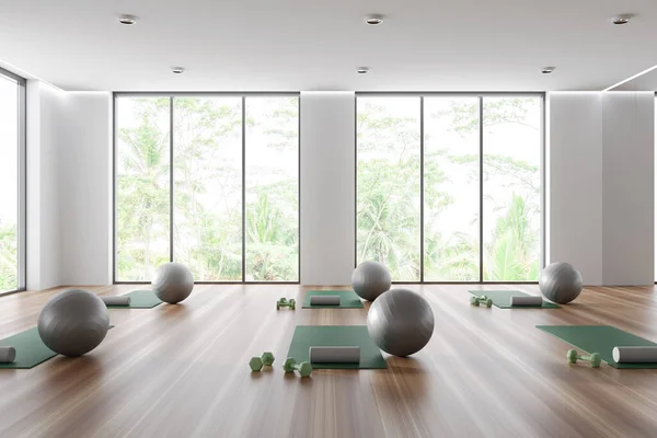 Stylish Yoga Class Interior Mat Fitball Dumbbells Hardwood Floor Sport — Stock fotografie