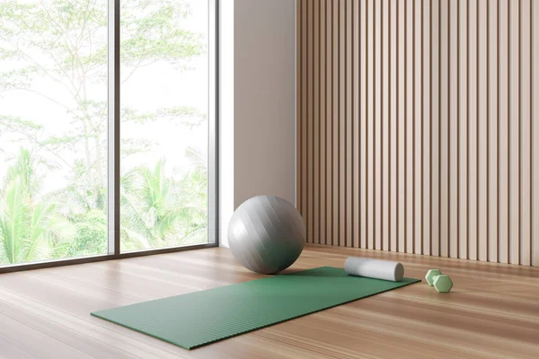 Bright Fitness Gym Interior Exercise Mat Ball Dumbbell White Wall — 图库照片
