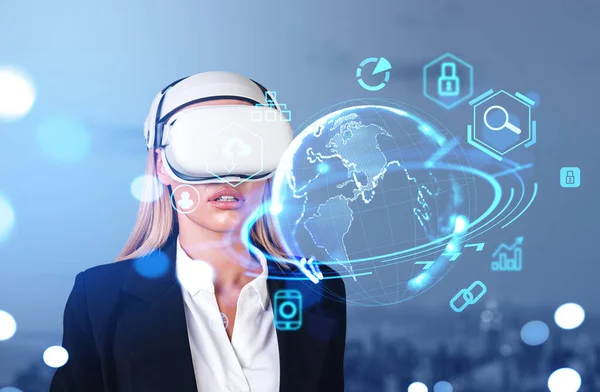 Businesswoman in vr glasses with earth sphere hologram and digital web icons hud. Concept of global connection and network in metaverse