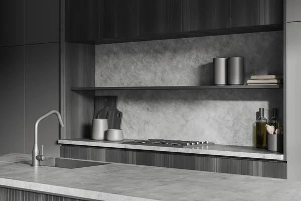 Dark Kitchen Interior Bar Island Cabinet Sink Stove Modern Kitchenware — Foto de Stock