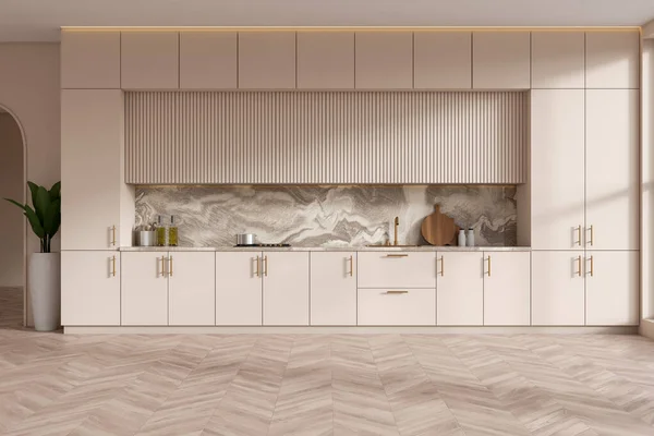Beige Kitchen Interior Cooking Area Sink Stove Cabinet Minimalist Kitchenware — Foto de Stock