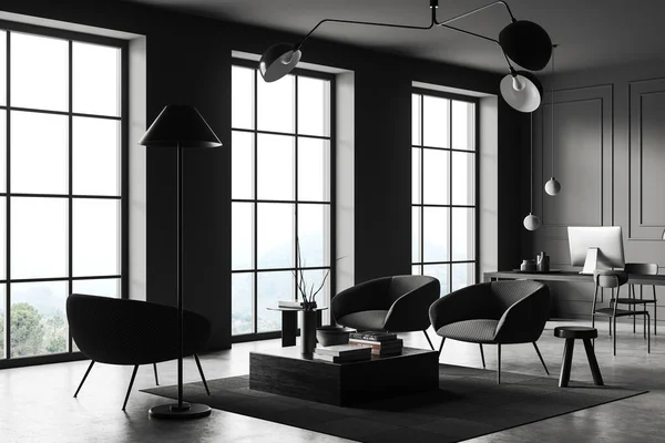 Eckblick Auf Dunkle Büroräume Mit Schreibtisch Schreibtisch Sesseln Panoramafenster Betonboden — Stockfoto
